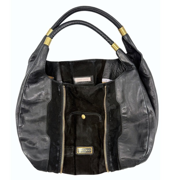 Jimmy Choo Handbags - Jimmy Choo Mandah Black Leather Suede Expandable Hobo Bag Gold Hardware